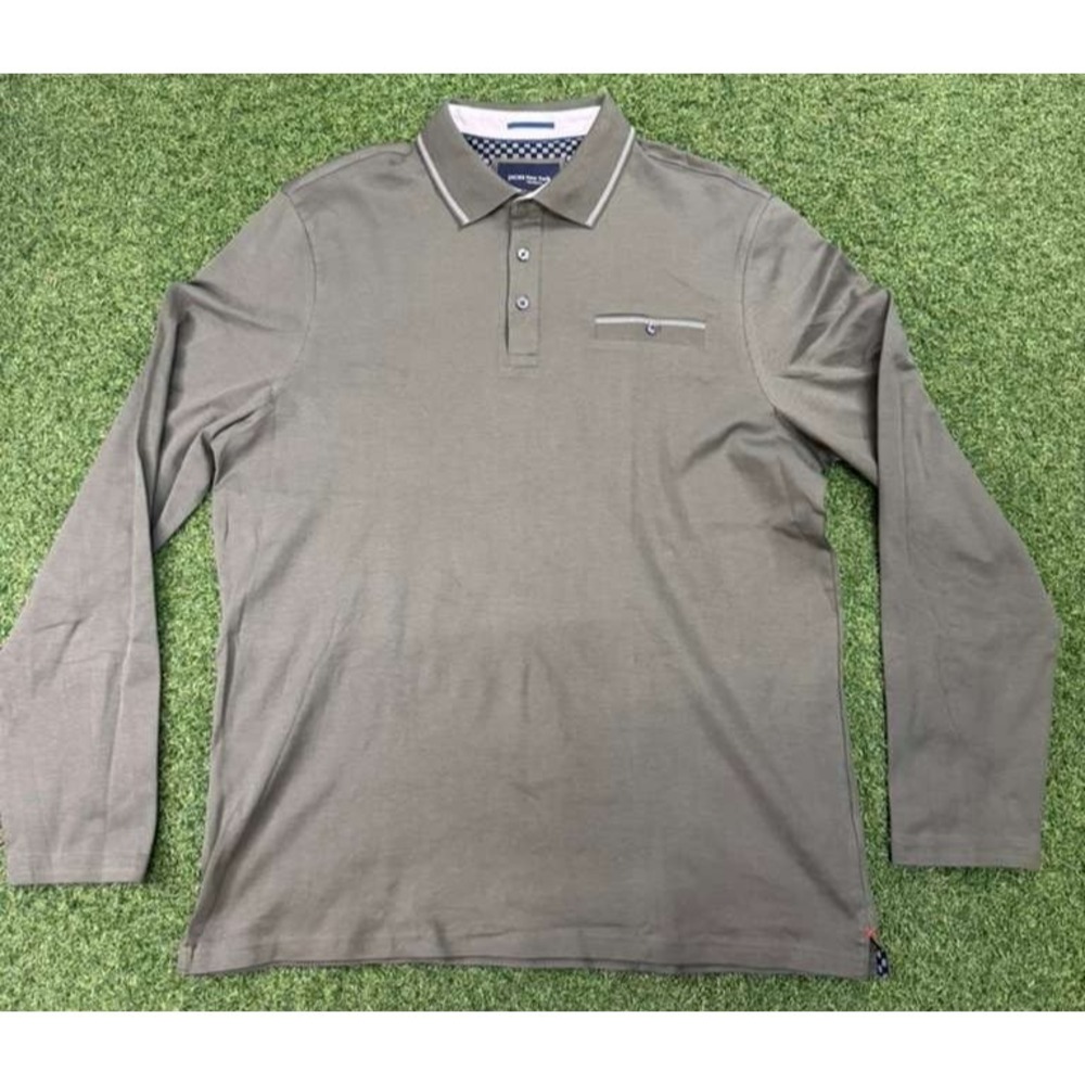 Jachs‎ New York Polo Shirt Mens Large Olive Green Cotton Pocket Long Sleeve Golf